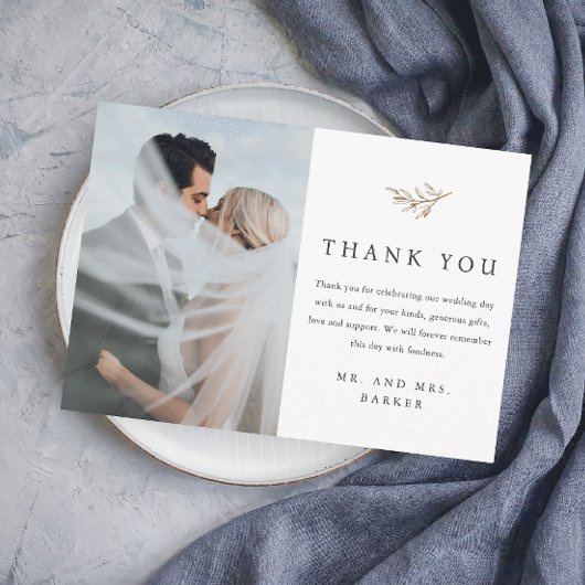 シンプル金ゴールドブランチ結婚写真 サンキューカード