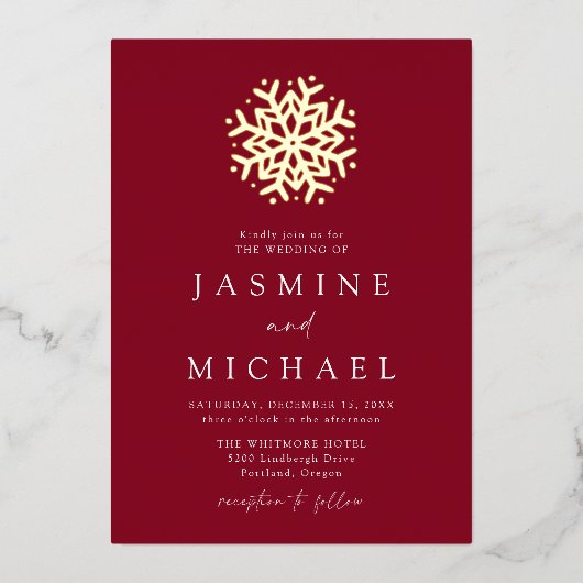 シンプル金ゴールドブルゴーニュ結婚ー 箔招待状 (正面)