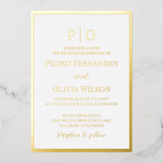 シンプル金ゴールドホイル結婚フレームの招待 箔招待状 (正面)