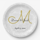 シンプル金ゴールドホワイトブラックエレガント結婚式モノグラム ペーパープレート (正面)