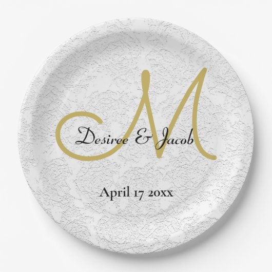 シンプル金ゴールドホワイトブラックエレガント結婚式モノグラム ペーパープレート (正面)
