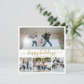 シンプル金ゴールドホワイト4フォトコラージュハッピー シーズンカード (スタンド正面)