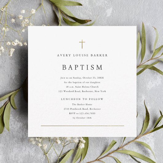 シンプル金ゴールドミニマルクロス宗教洗礼 招待状