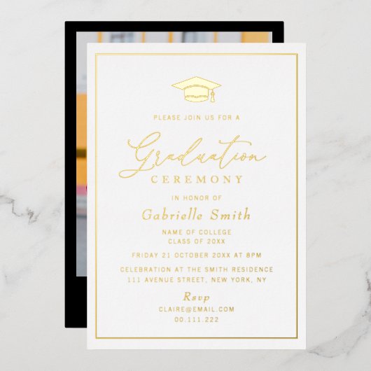 シンプル金ゴールドミニマルフォイル卒業式 箔招待状 (正面/裏面)