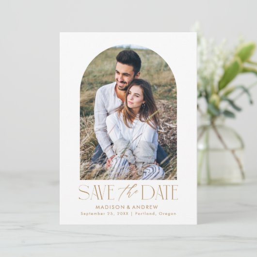 シンプル金ゴールドモダンアーチ写真 セーブザデート (スタンド正面)