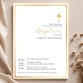 シンプル金ゴールドモダンクロスバプテスマ招待状 招待状