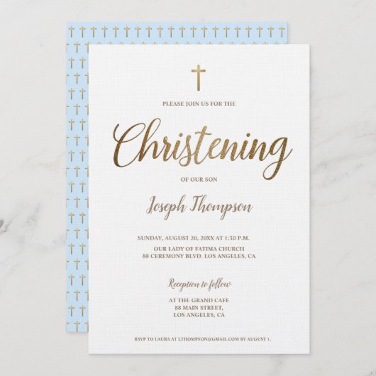 シンプル金ゴールドモダンクロス少年ブルー《キリスト教》洗礼式や命名式 招待状 (正面/裏面)
