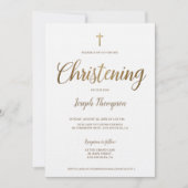 シンプル金ゴールドモダンクロス少年ブルー《キリスト教》洗礼式や命名式 招待状 (正面)