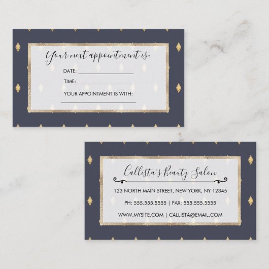 シンプル金ゴールドモダンダイヤモンドネイビーブルーパターン 予約カード (正面/裏面)