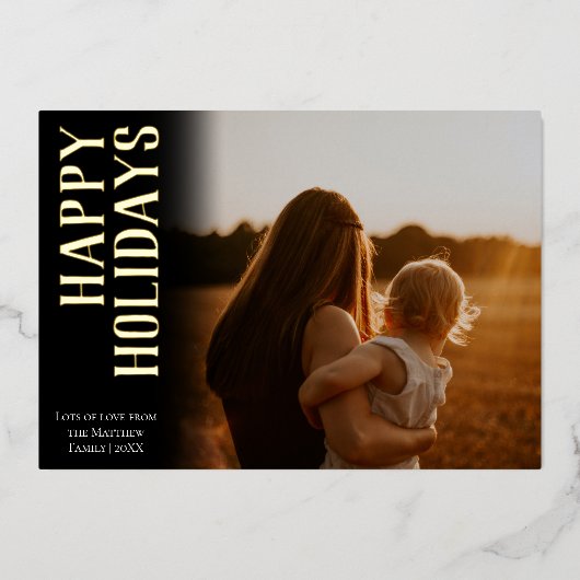 シンプル金ゴールドモダンハッピーホリデーズファミリーフォト 箔シーズンカード (正面)