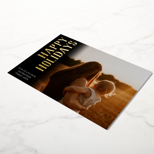 シンプル金ゴールドモダンハッピーホリデーズファミリーフォト 箔シーズンカード (回転した状態)