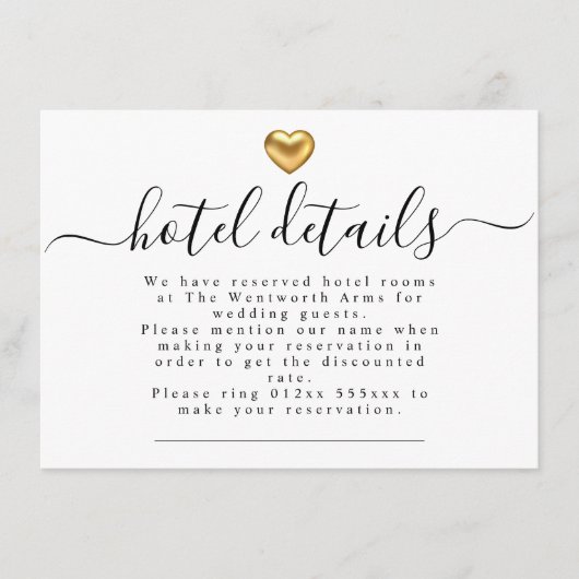 シンプル金ゴールドモダンハート結婚ズホテル詳細 エンクロージャーカード (正面)