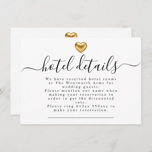 シンプル金ゴールドモダンハート結婚ズホテル詳細 エンクロージャーカード (正面/裏面)