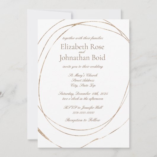シンプル金ゴールドモダンホワイトエレガントな結婚式 招待状 (正面)