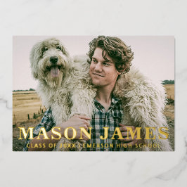 シンプル金ゴールドモダン写真の卒業発表 箔招待状