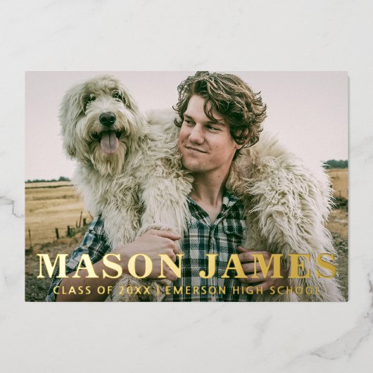 シンプル金ゴールドモダン写真の卒業発表 箔招待状 (正面)