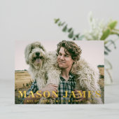 シンプル金ゴールドモダン写真の卒業発表 箔招待状 (立ち正面)