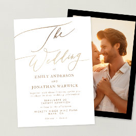 シンプル金ゴールドモダン書道写真結婚の 招待状