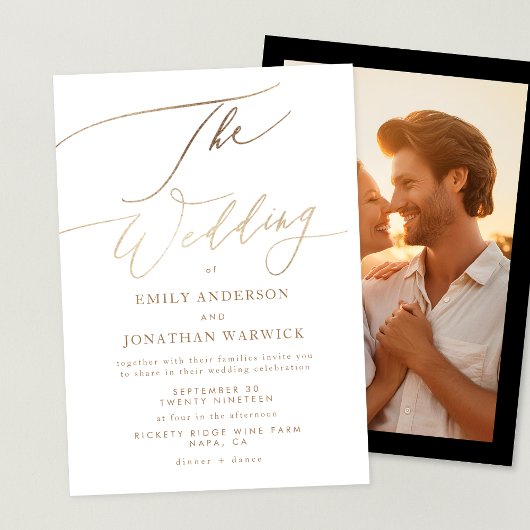 シンプル金ゴールドモダン書道写真結婚の 招待状