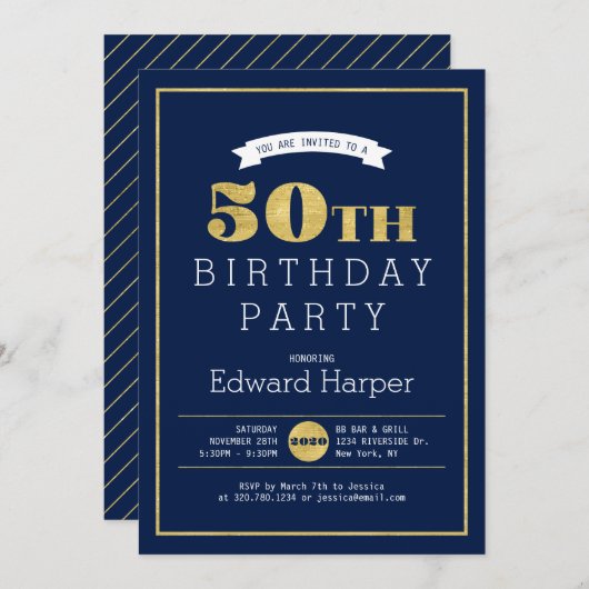 シンプル金ゴールドモダン50th Birthday Party Invitation 招待状 (正面/裏面)