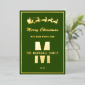 シンプル金ゴールドモノグラム家族の名前クリスマス 箔シーズンカード (立ち正面)