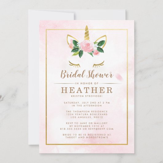 シンプル金ゴールドユニコーンブライダルシャワー 招待状 (正面)