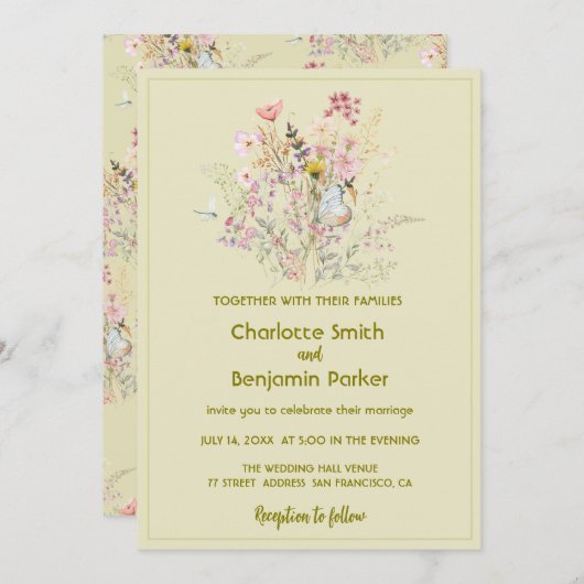 シンプル金ゴールドワイルドフラワーフローラ結婚ズ 招待状 (正面/裏面)