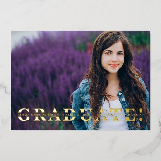 シンプル金ゴールド分割スクリプトフォト卒業フォイルI 箔招待状 (正面)