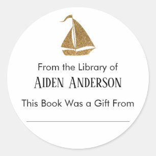 シンプル金ゴールド帆船蔵書票 ラウンドシール