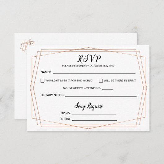 シンプル金ゴールド幾何学結婚式RSVPポストカード エンクロージャーカード (正面/裏面)