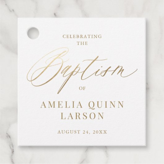 シンプル金ゴールド書エレガント書のスクリプトバプテスマ フェイバータグ (正面)