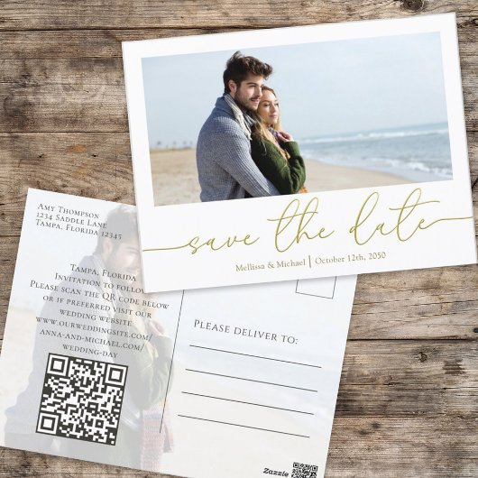 シンプル金ゴールド書モダン写真QRコード ポストカード