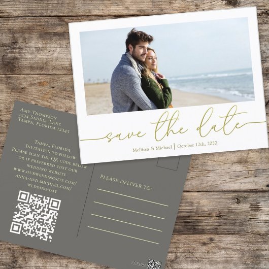 シンプル金ゴールド書モダン写真QRコード ポストカード