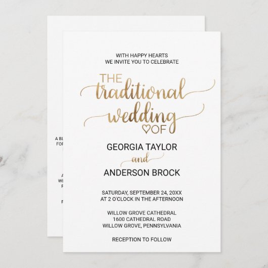 シンプル金ゴールド書伝統的結婚の 招待状 (正面/裏面)