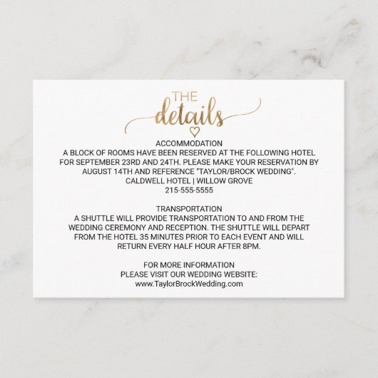 シンプル金ゴールド書結婚の詳細カード エンクロージャーカード (正面)