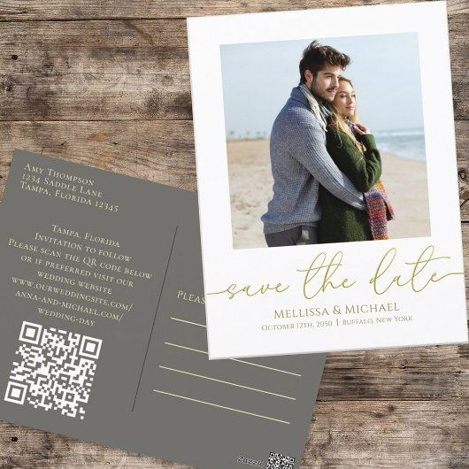 シンプル金ゴールド書道スクリプトフォトQRコード ポストカード