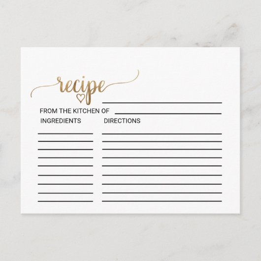 シンプル金ゴールド書道ブライダルシャワーレシピカード ポストカード (正面)
