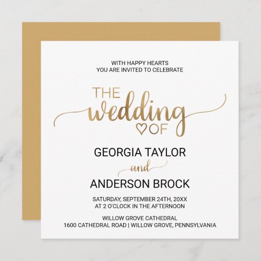 シンプル金ゴールド書道広場結婚の 招待状 (正面/裏面)