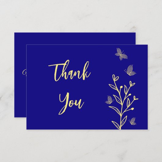 シンプル金ゴールド王室のフラワー結婚ブルー サンキューカード (正面/裏面)