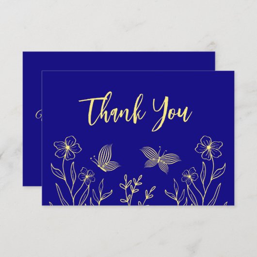 シンプル金ゴールド王室のフラワー結婚ブルー サンキューカード (正面/裏面)