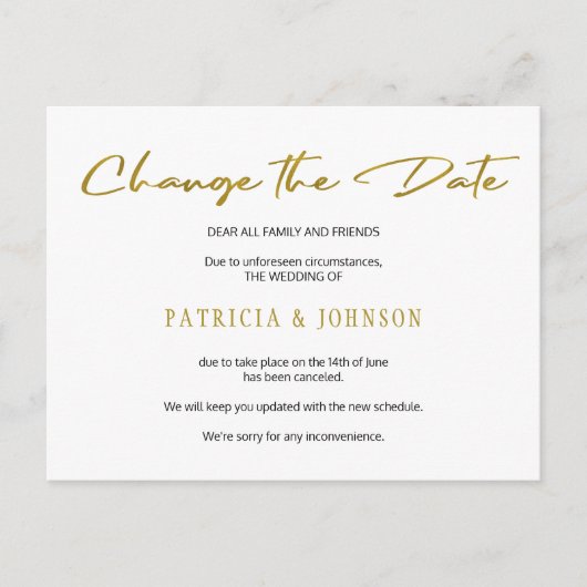 シンプル金ゴールド結婚グリッターの日付の変更 案内ポストカード (正面)
