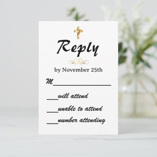 シンプル金ゴールド結婚十字架 出欠カード (スタンド正面)