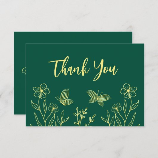 シンプル金ゴールド花エメ結婚ラルド サンキューカード (正面/裏面)