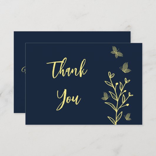 シンプル金ゴールド花ネイビー結婚ズ サンキューカード (正面/裏面)