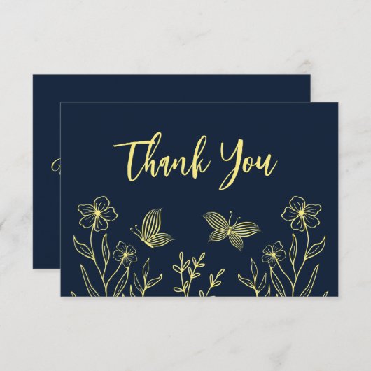 シンプル金ゴールド花ネイビー結婚ズ サンキューカード (正面/裏面)