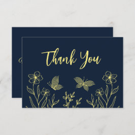 シンプル金ゴールド花ネイビー結婚ズ サンキューカード