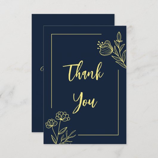 シンプル金ゴールド花ネイビー結婚ズ サンキューカード (正面/裏面)