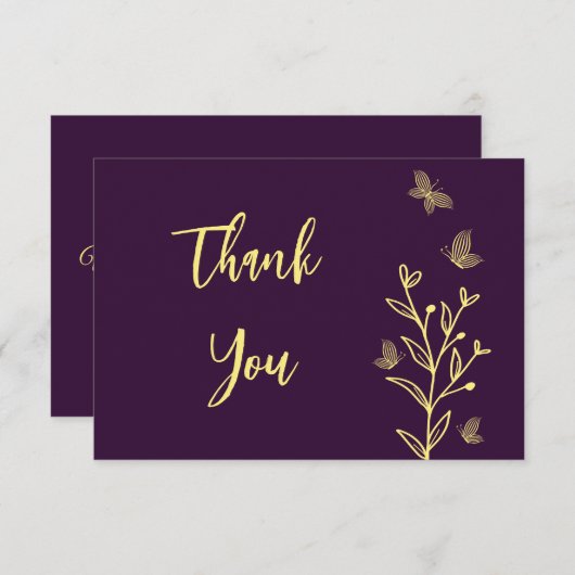 シンプル金ゴールド花パープル結婚ズ サンキューカード (正面/裏面)