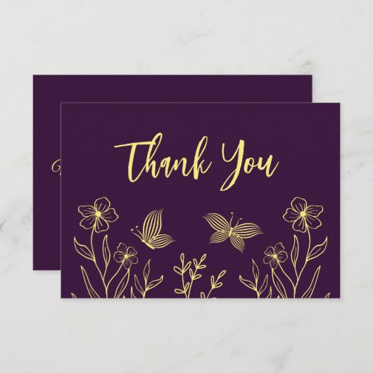 シンプル金ゴールド花パープル結婚ズ サンキューカード (正面/裏面)