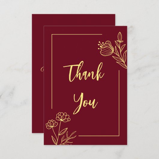 シンプル金ゴールド花ブルゴーニュ結婚ーズ サンキューカード (正面/裏面)